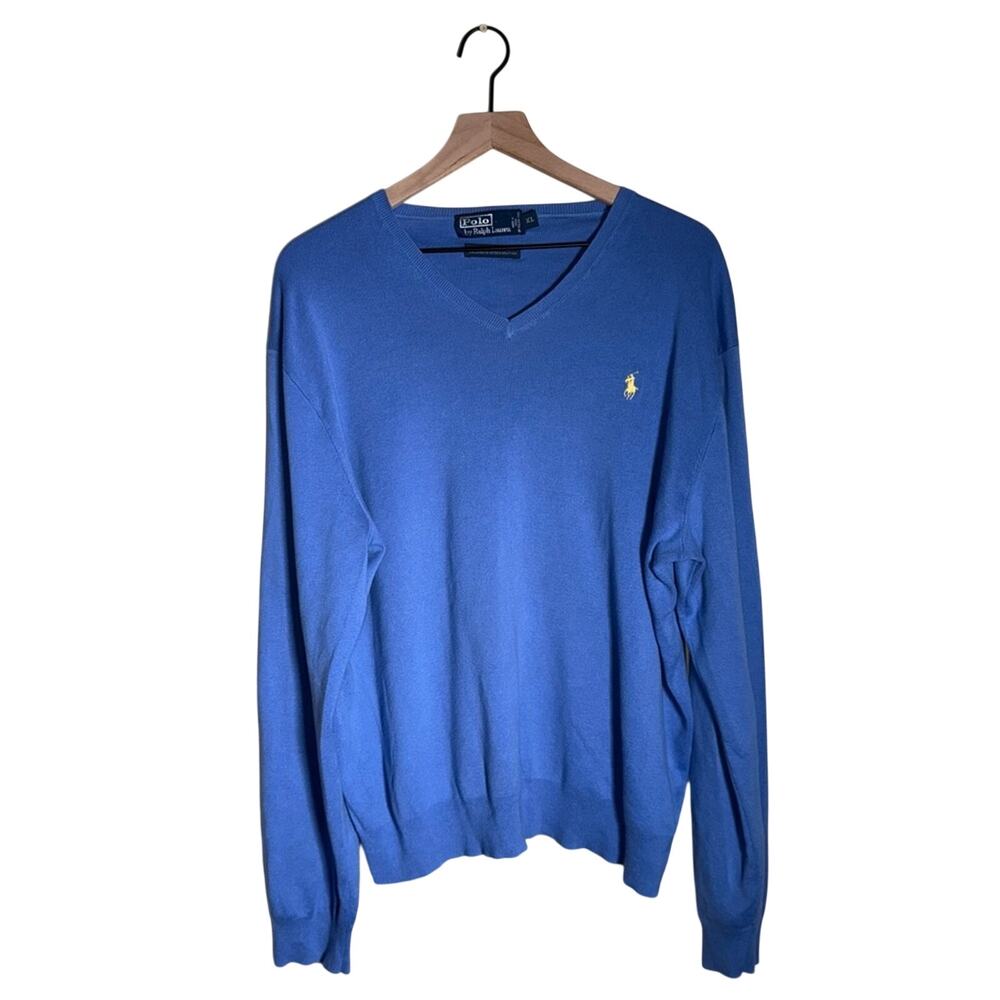 POLO RALPH LAUREN Pima cotton organic classic dusty blue vneck sweater XL